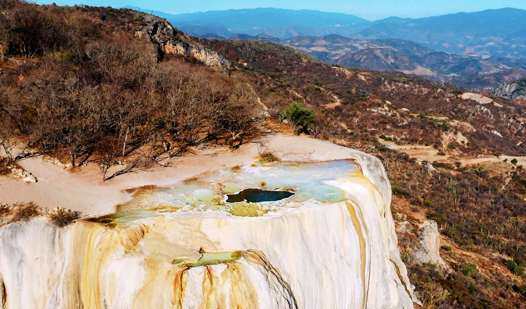 Hierve el Agua mineral formations and mountain landscape in Oaxaca